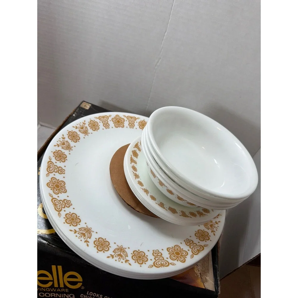 VTG Corelle Butterfly Gold Dinnerware Set 16 Pc Service for 4 White Gold OpenBox